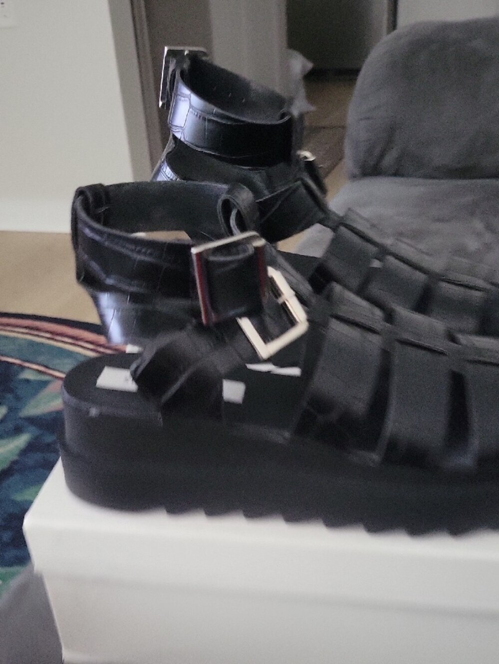 Steve Madden Black Croc-Embossed Strappy Gladiator Sandals - Picture 3 of 6